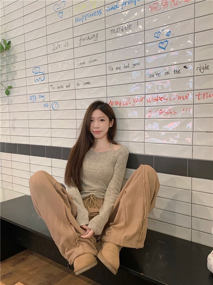 『湊單款-賣一虧一』假兩件掛脖長袖T|春季新款內搭打底|修身顯瘦短款辣妹上衣