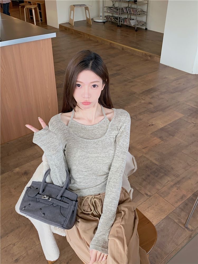 『湊單款-賣一虧一』假兩件掛脖長袖T|春季新款內搭打底|修身顯瘦短款辣妹上衣