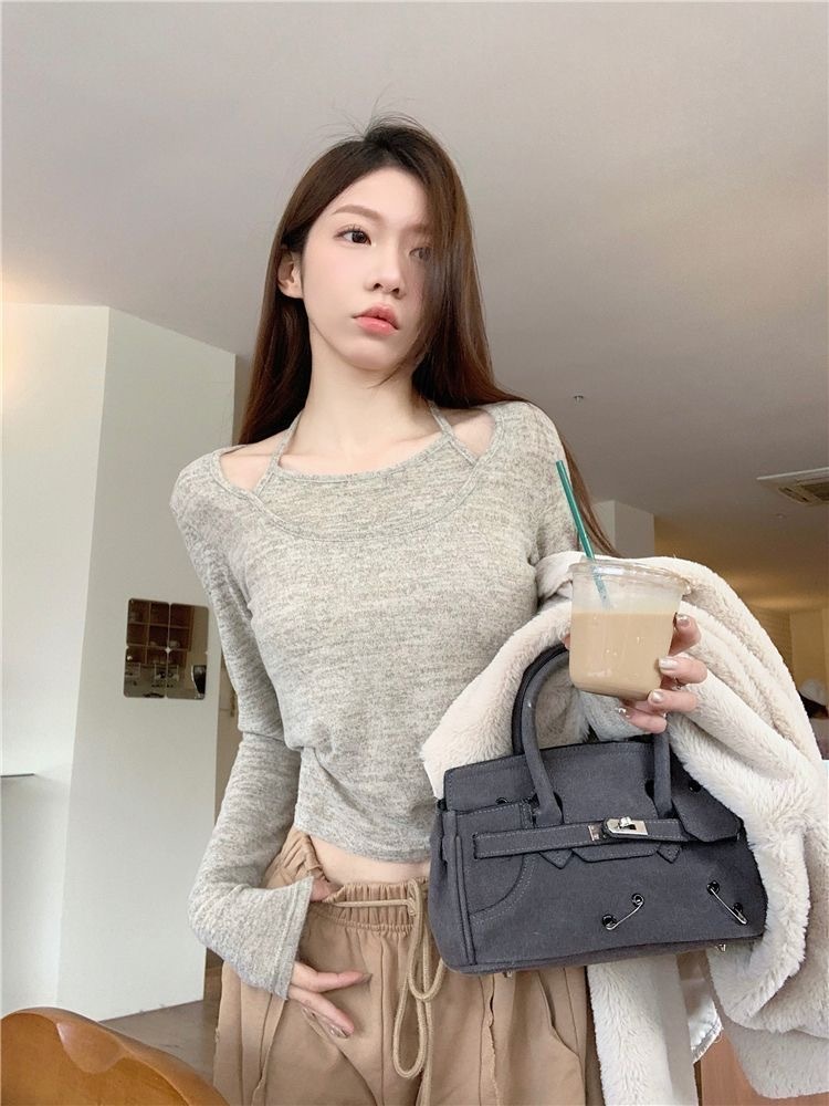 『湊單款-賣一虧一』假兩件掛脖長袖T|春季新款內搭打底|修身顯瘦短款辣妹上衣