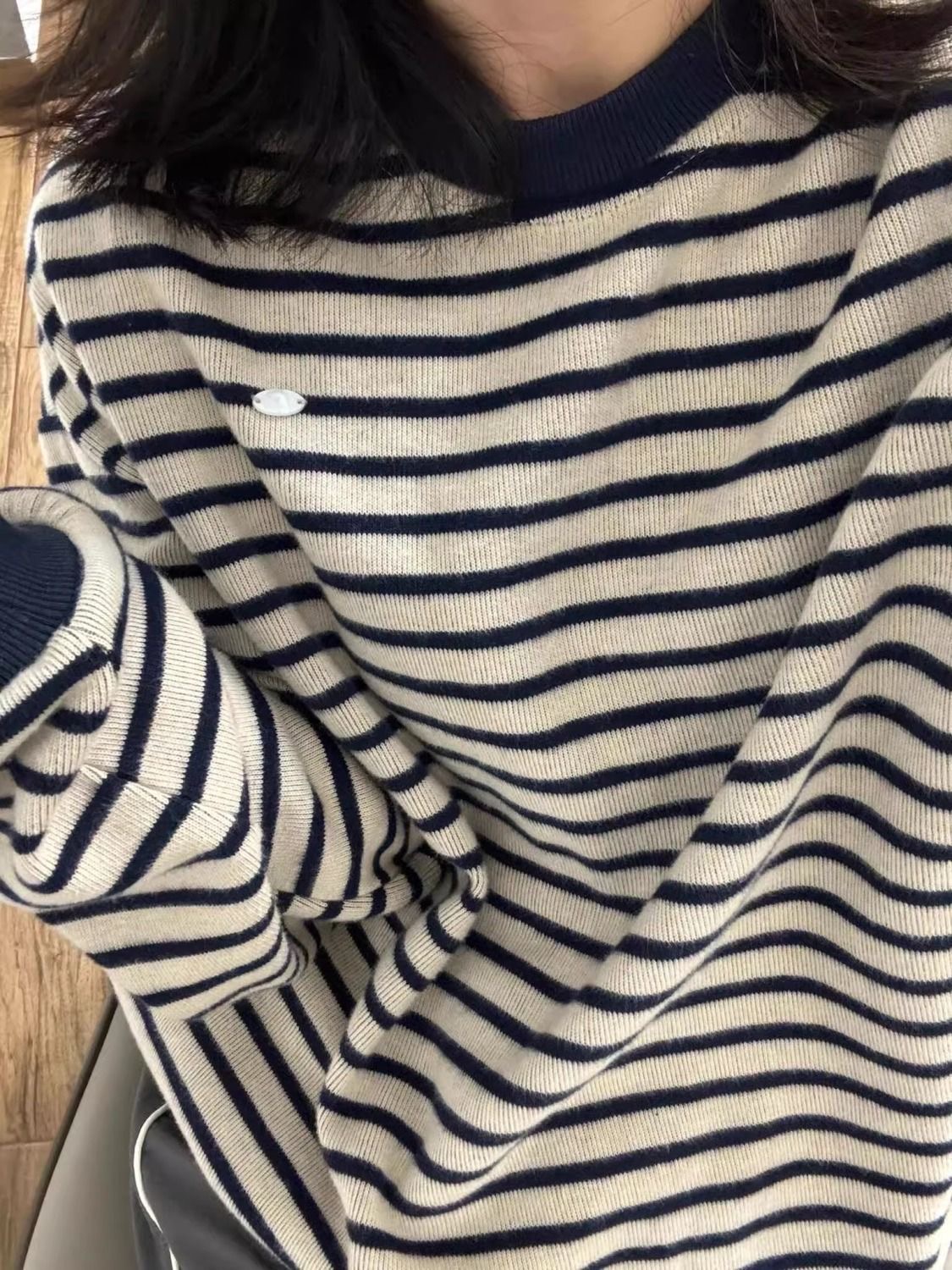 『減齡日常款』寬鬆美式復古條紋圓領針織｜無帽衛衣女 慵懶風長袖上衣