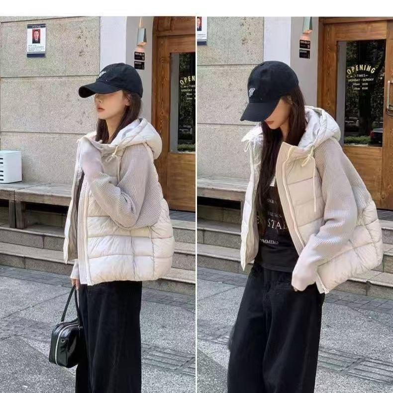 輕薄針織羽絨拼接棉服 | 短版棉服連帽韓系 | 冬季新款棉襖外套