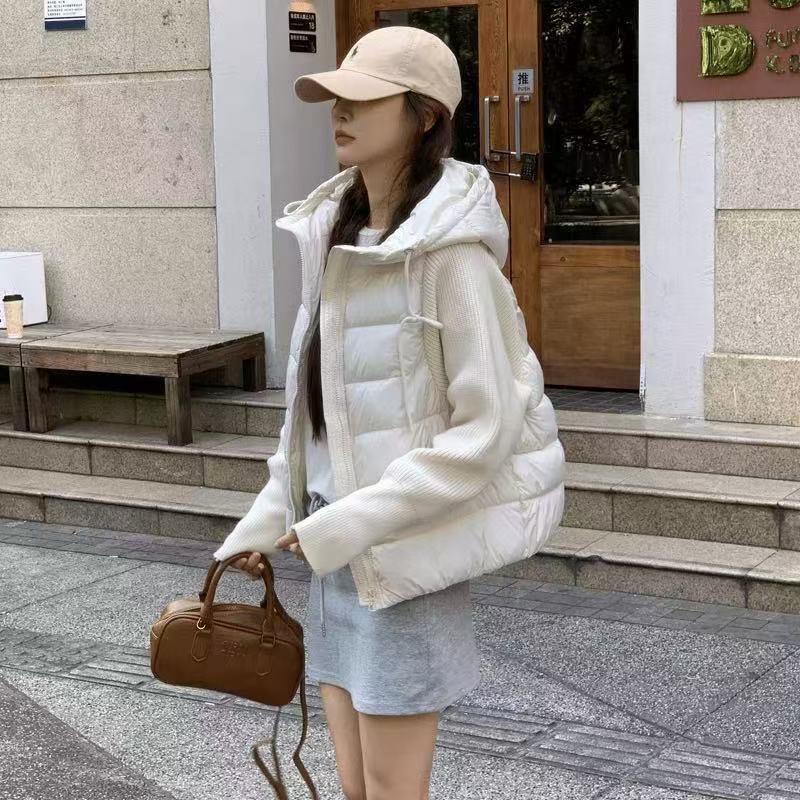 輕薄針織羽絨拼接棉服 | 短版棉服連帽韓系 | 冬季新款棉襖外套