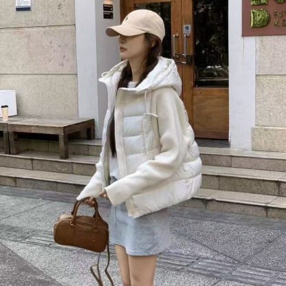 輕薄針織羽絨拼接棉服 | 短版棉服連帽韓系 | 冬季新款棉襖外套