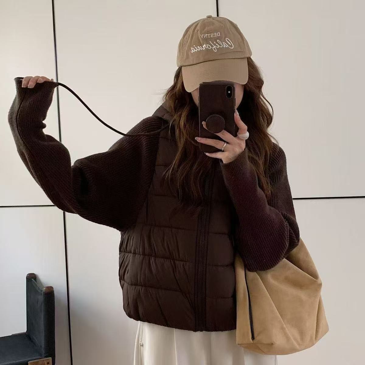 輕薄針織羽絨拼接棉服 | 短版棉服連帽韓系 | 冬季新款棉襖外套