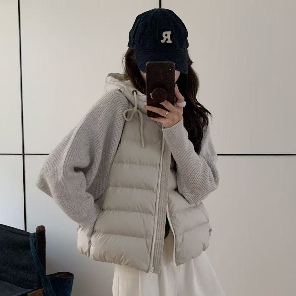 輕薄針織羽絨拼接棉服 | 短版棉服連帽韓系 | 冬季新款棉襖外套