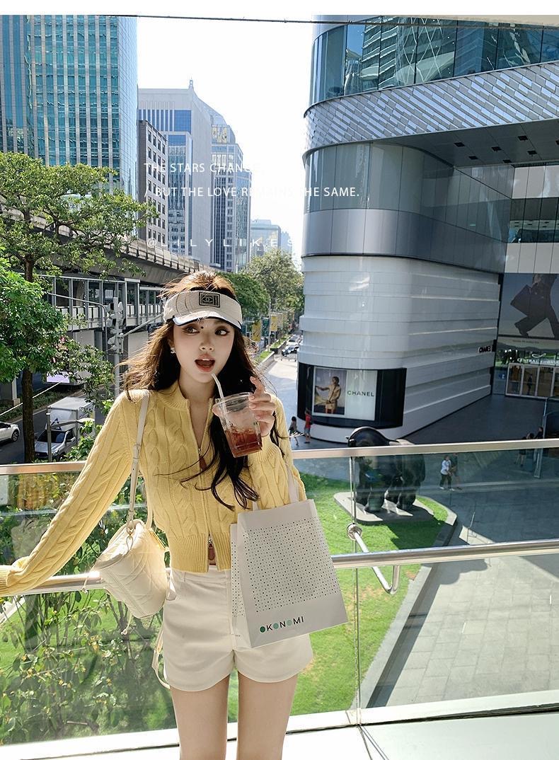 甜美絞紋收腰顯瘦針織| 軟糯短版毛線開襟衫| 氣質款針織上衣