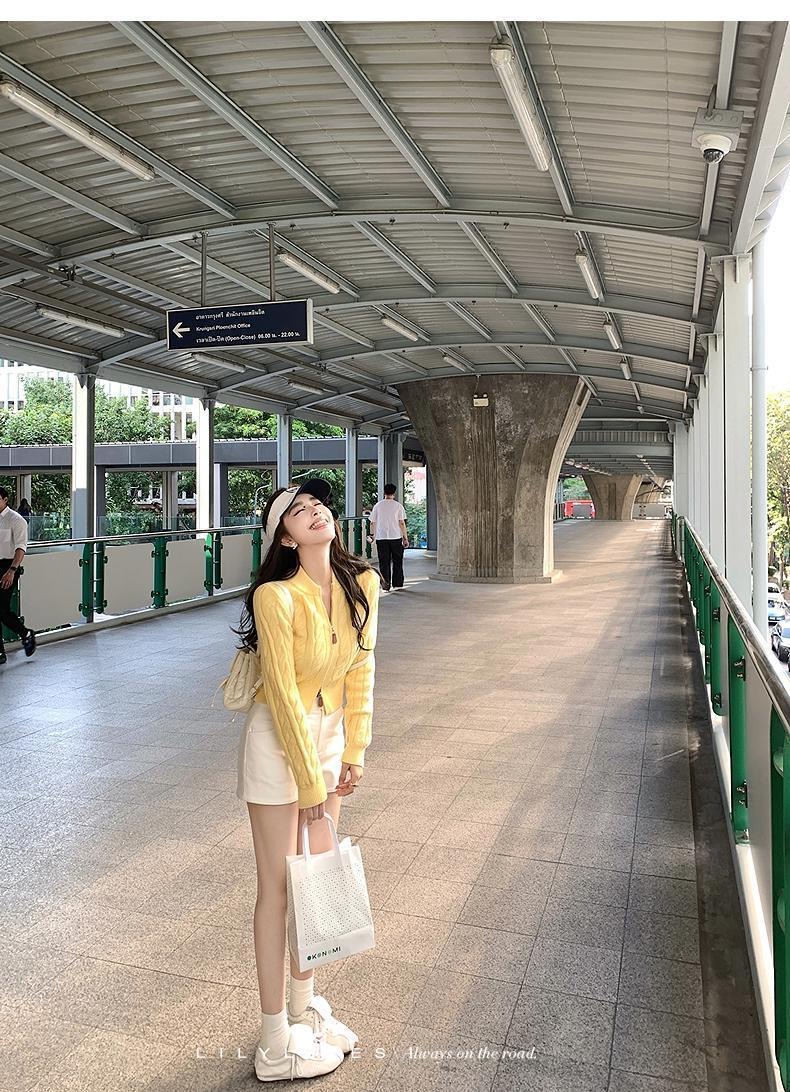 甜美絞紋收腰顯瘦針織| 軟糯短版毛線開襟衫| 氣質款針織上衣