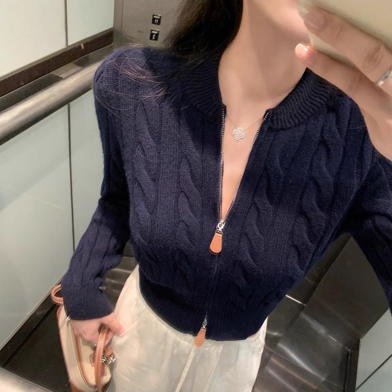 甜美絞紋收腰顯瘦針織| 軟糯短版毛線開襟衫| 氣質款針織上衣