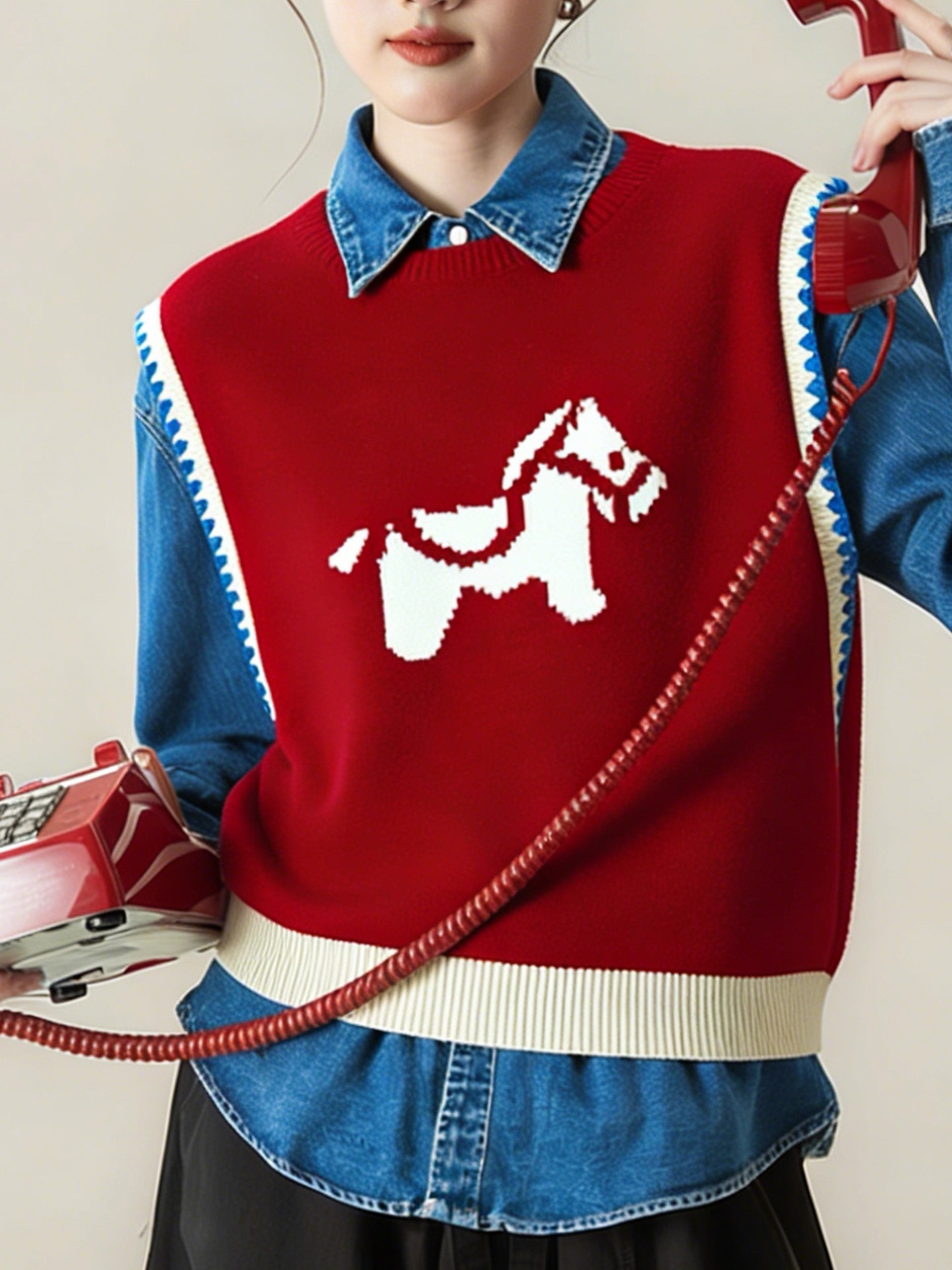 『馬年新春款』紅色針織馬甲|新年小馬提花外搭疊穿背心上衣