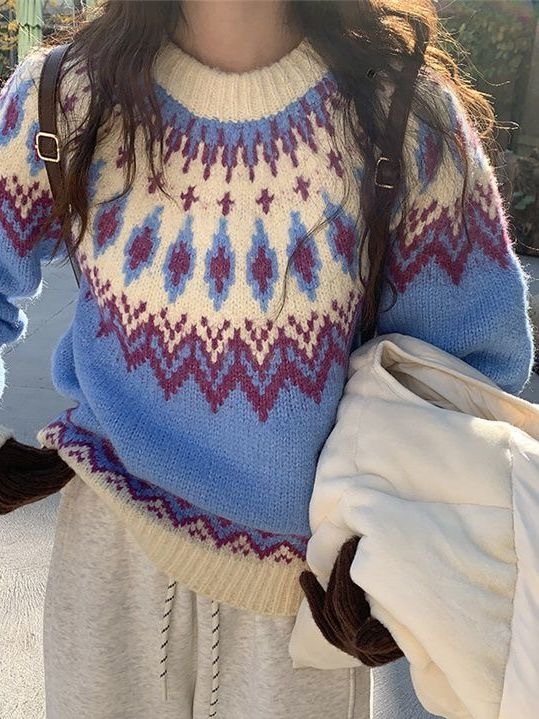 2026秋冬新款費爾島女款軟糯針織衫| 北歐復古慵懶風加厚套頭繡花毛衣