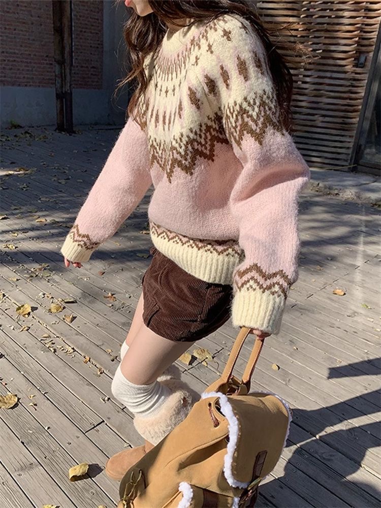 2026秋冬新款費爾島女款軟糯針織衫| 北歐復古慵懶風加厚套頭繡花毛衣