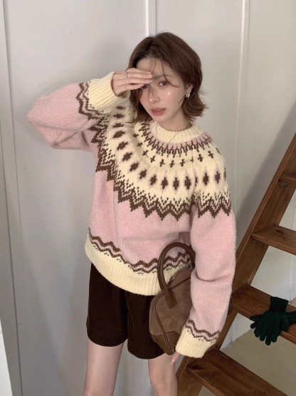 2026秋冬新款費爾島女款軟糯針織衫| 北歐復古慵懶風加厚套頭繡花毛衣
