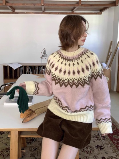 2026秋冬新款費爾島女款軟糯針織衫| 北歐復古慵懶風加厚套頭繡花毛衣