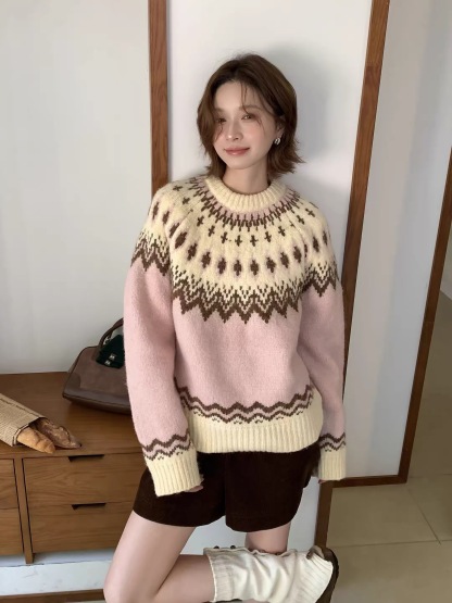 2026秋冬新款費爾島女款軟糯針織衫| 北歐復古慵懶風加厚套頭繡花毛衣