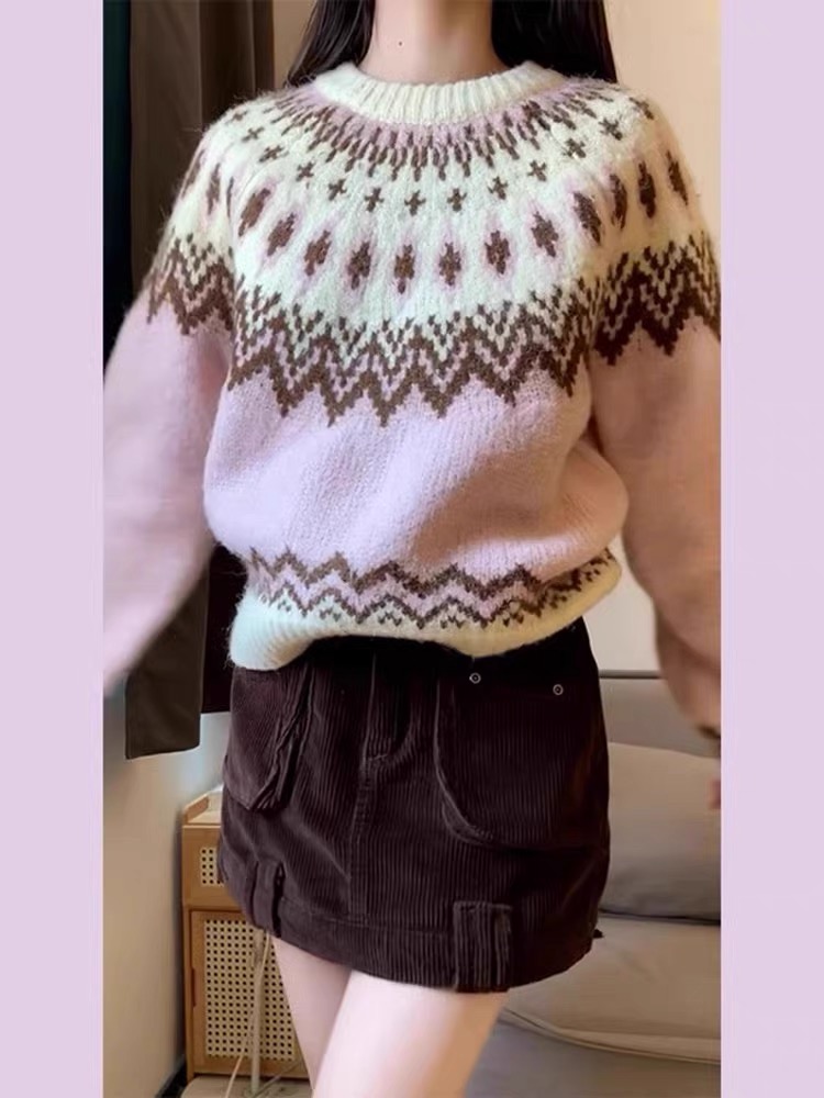 2026秋冬新款費爾島女款軟糯針織衫| 北歐復古慵懶風加厚套頭繡花毛衣