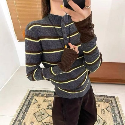 秋冬時尚撞色條紋圓領長袖針織衫｜立領長袖修身內搭打底上衣
