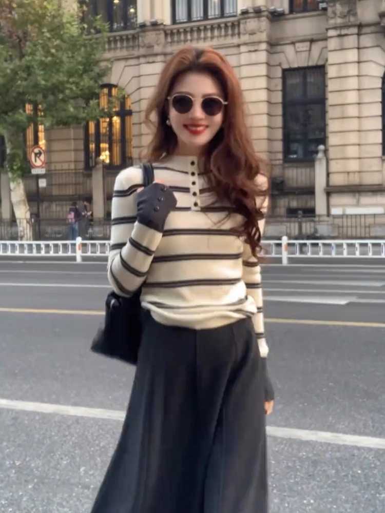 秋冬時尚撞色條紋圓領長袖針織衫｜立領長袖修身內搭打底上衣