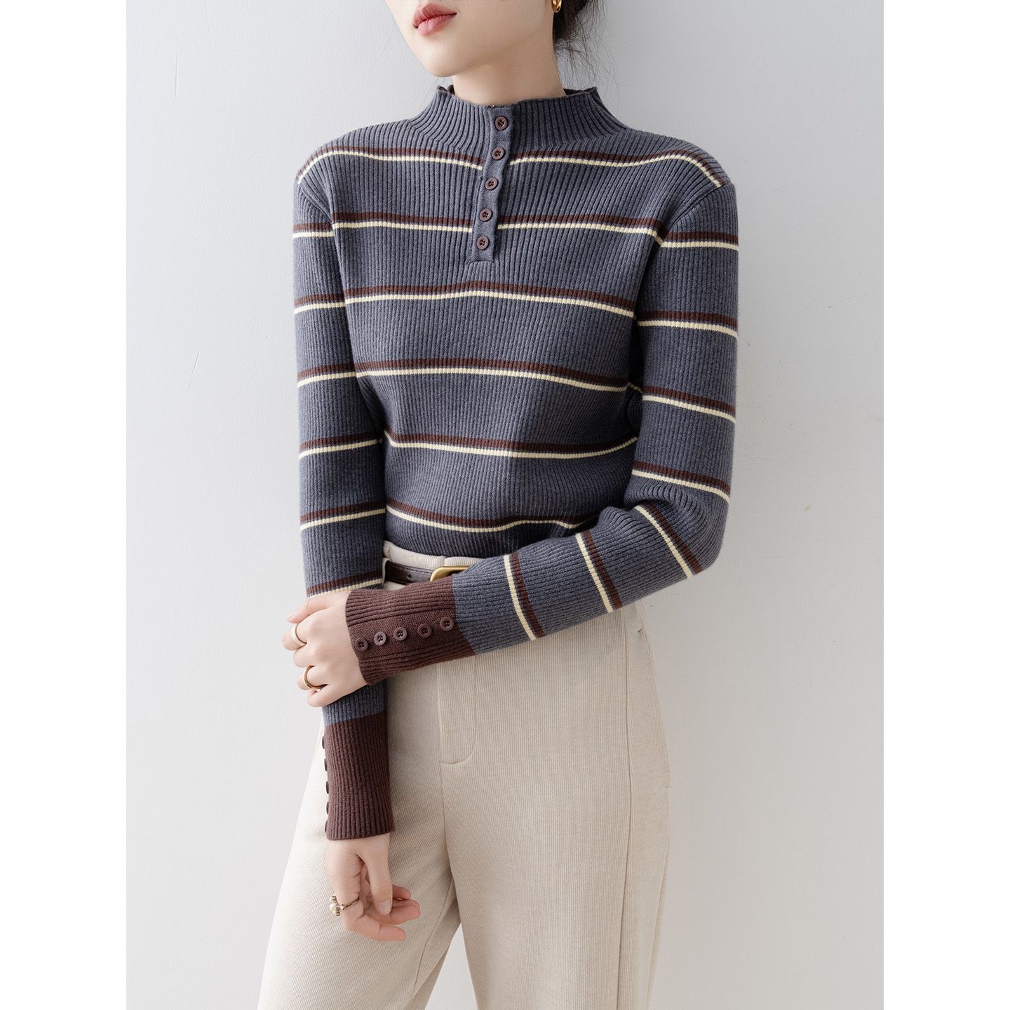 秋冬時尚撞色條紋圓領長袖針織衫｜立領長袖修身內搭打底上衣