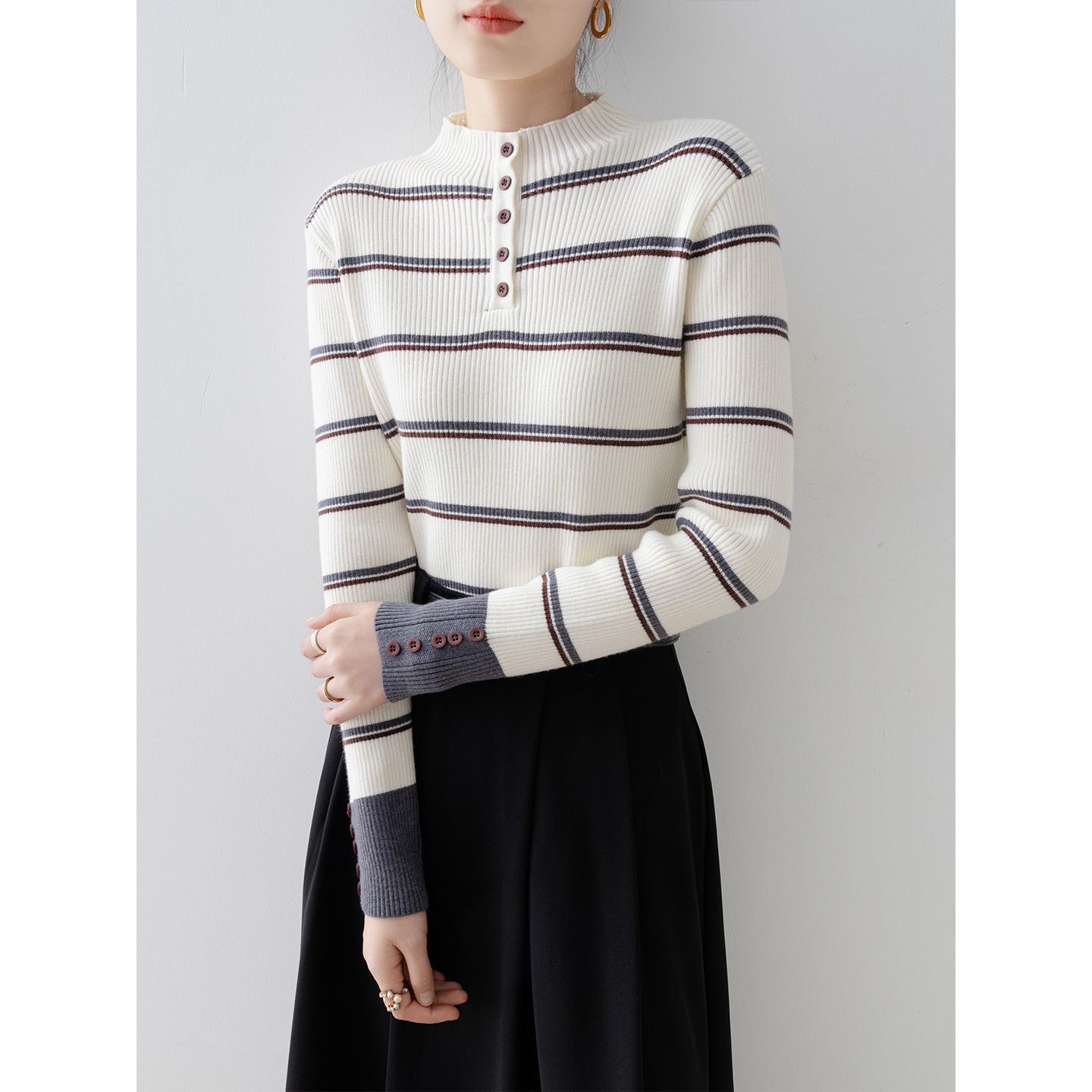 秋冬時尚撞色條紋圓領長袖針織衫｜立領長袖修身內搭打底上衣