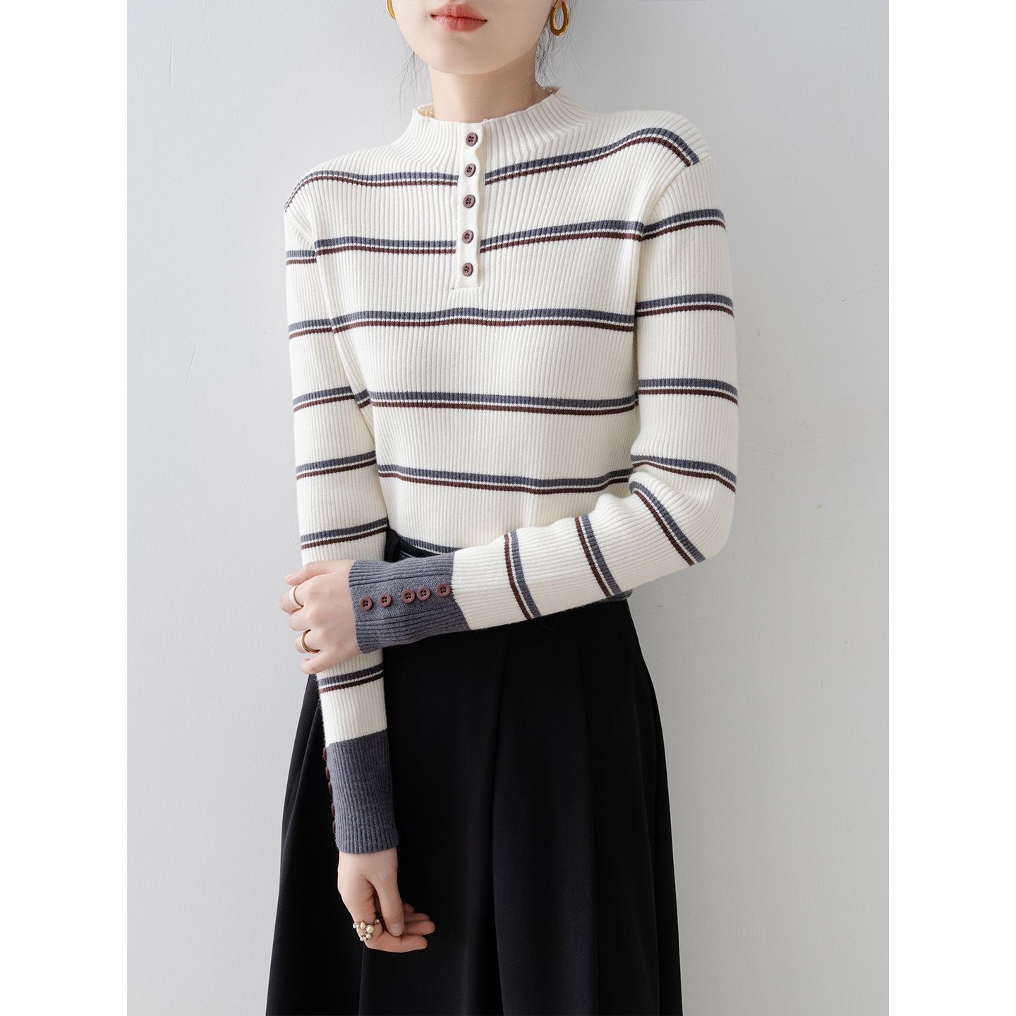 秋冬時尚撞色條紋圓領長袖針織衫｜立領長袖修身內搭打底上衣