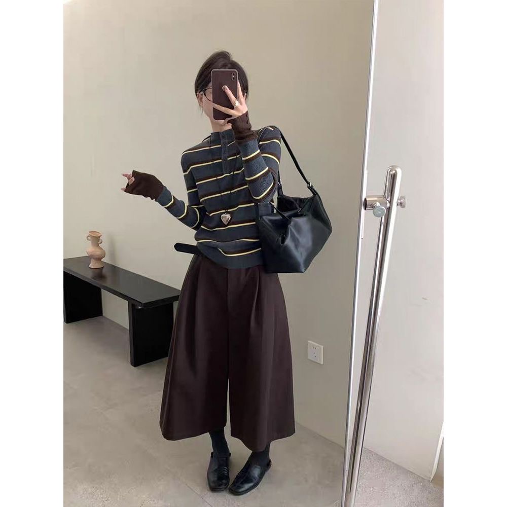 秋冬時尚撞色條紋圓領長袖針織衫｜立領長袖修身內搭打底上衣