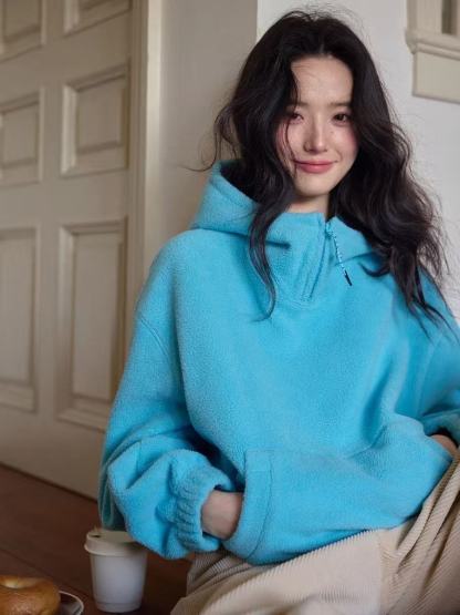 虹藍色連帽寬鬆毛毛懶懶外套｜袋鼠兜毛絨衛衣