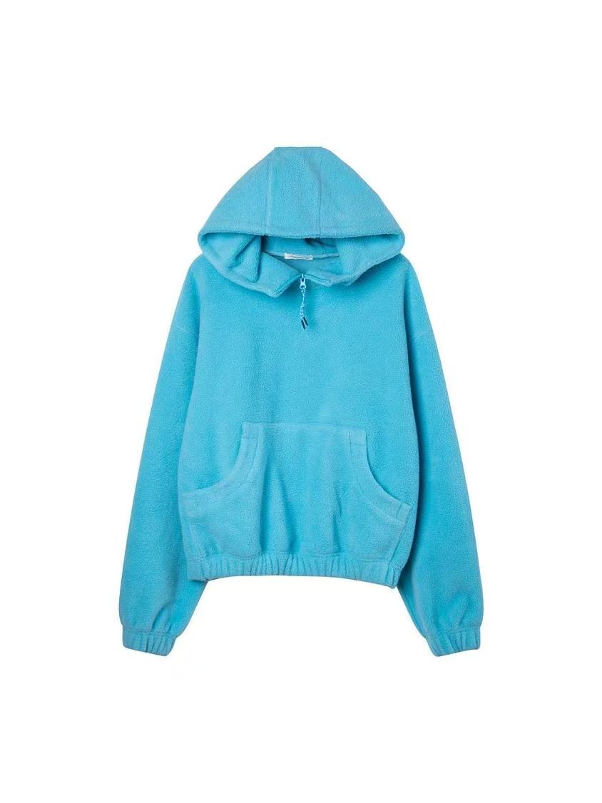虹藍色連帽寬鬆毛毛懶懶外套｜袋鼠兜毛絨衛衣
