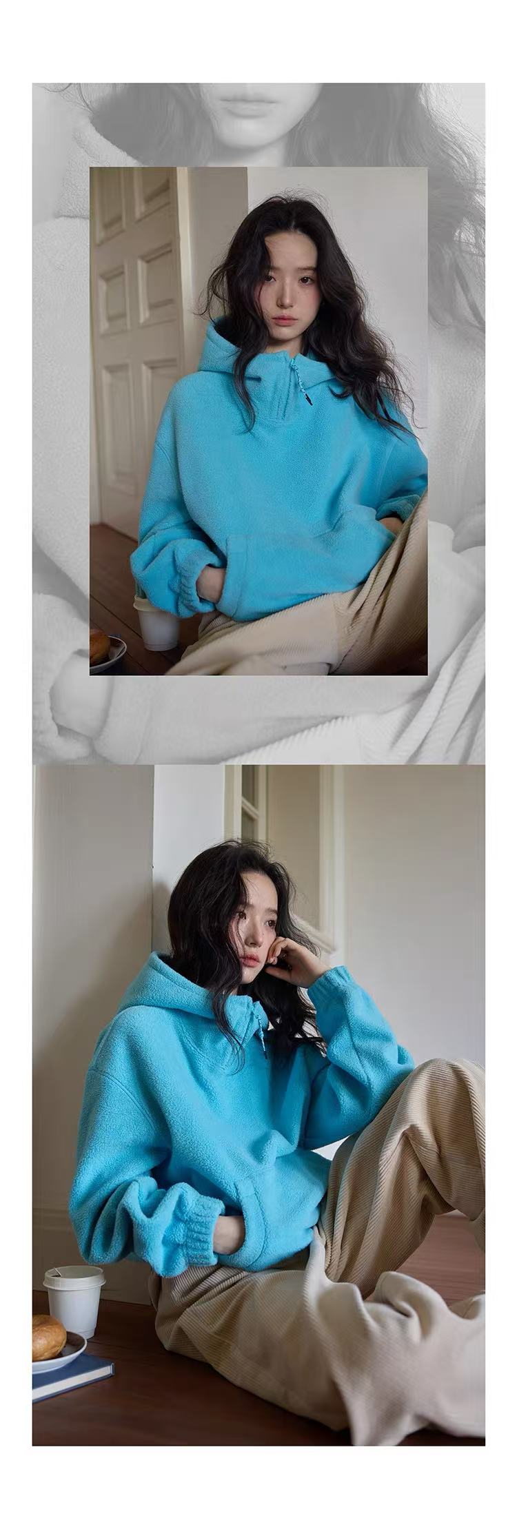 虹藍色連帽寬鬆毛毛懶懶外套｜袋鼠兜毛絨衛衣