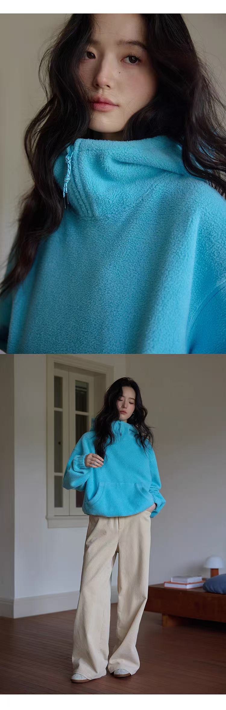 虹藍色連帽寬鬆毛毛懶懶外套｜袋鼠兜毛絨衛衣