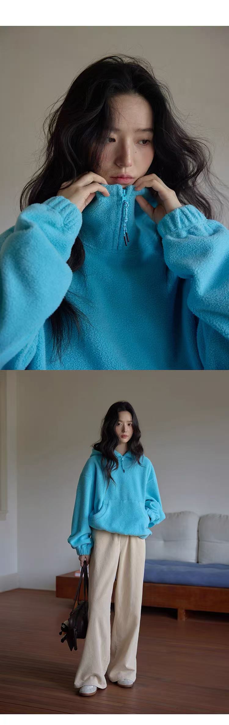虹藍色連帽寬鬆毛毛懶懶外套｜袋鼠兜毛絨衛衣