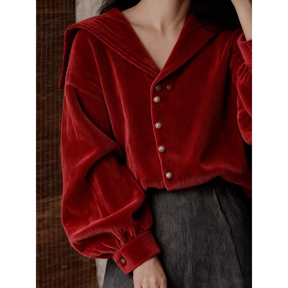 「新年衣櫥必備」復古紅海軍領法式紅襯衫上衣