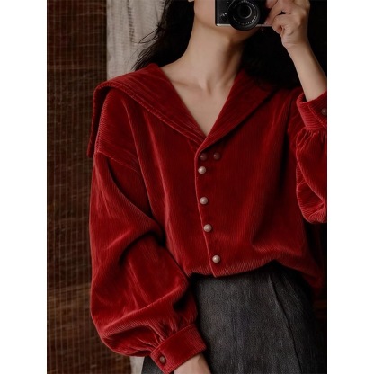 「新年衣櫥必備」復古紅海軍領法式紅襯衫上衣