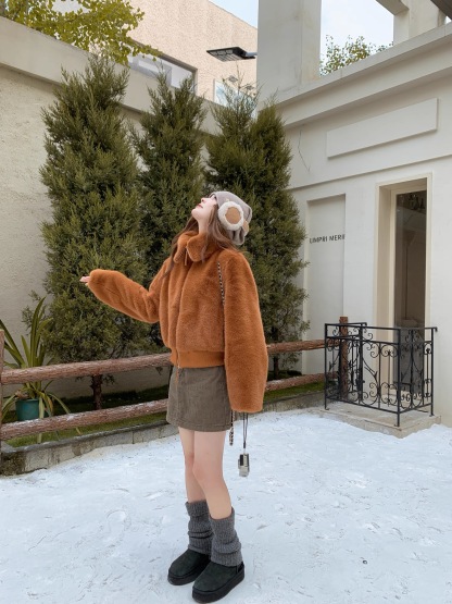 立領显高挑日系毛絨短版外套｜環保皮草加厚保暖小個子翻領外套 