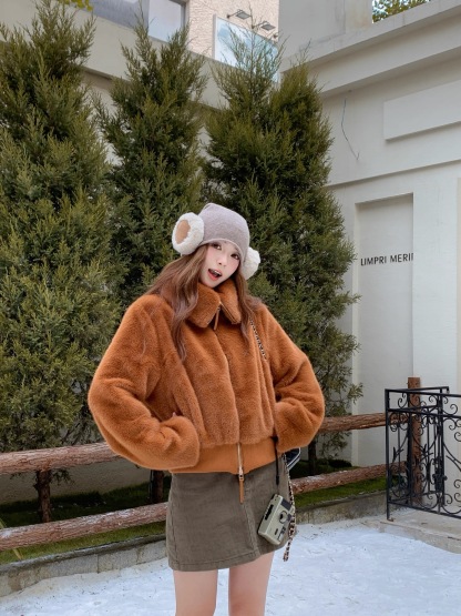 立領显高挑日系毛絨短版外套｜環保皮草加厚保暖小個子翻領外套 