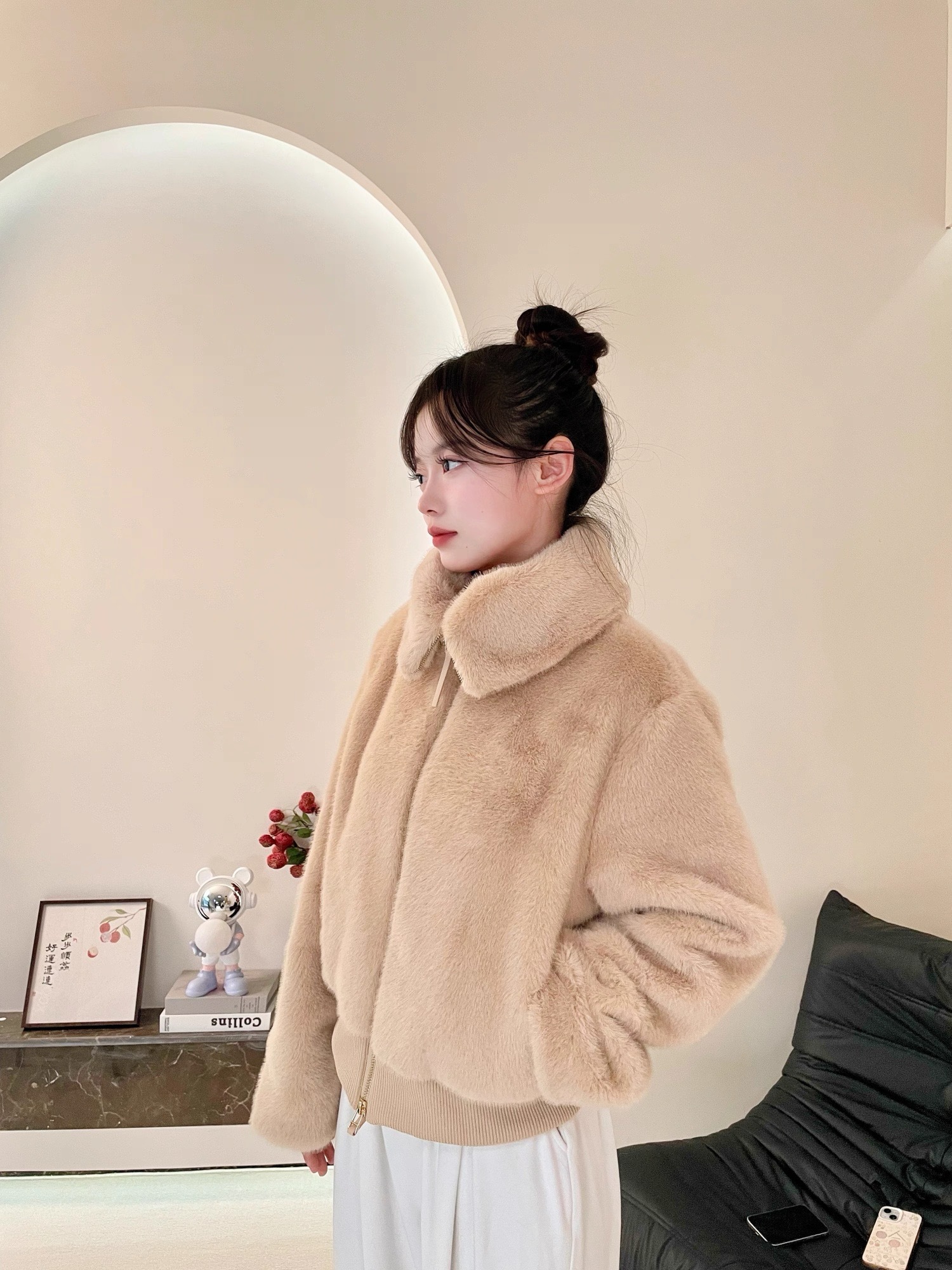 立領显高挑日系毛絨短版外套｜環保皮草加厚保暖小個子翻領外套 