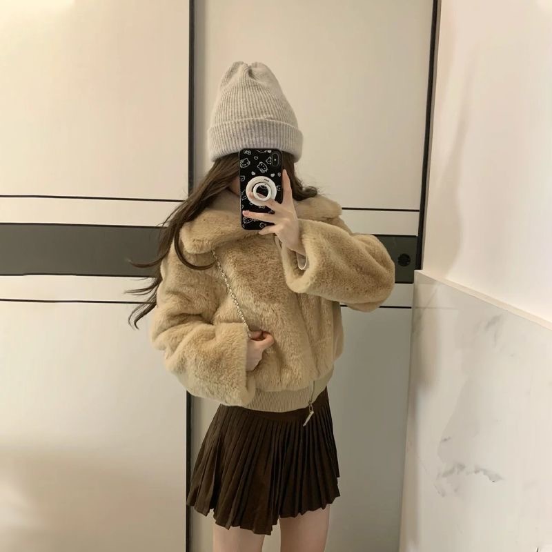 立領显高挑日系毛絨短版外套｜環保皮草加厚保暖小個子翻領外套 