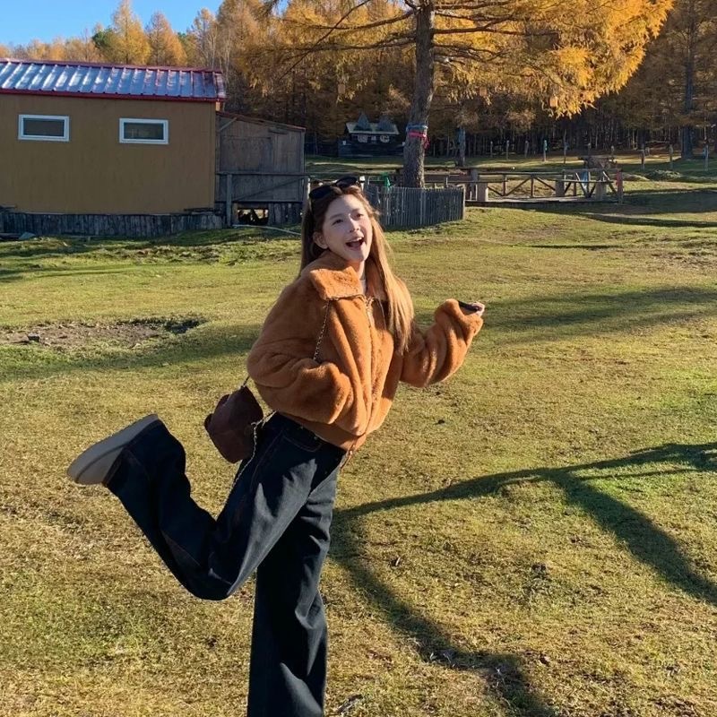 立領显高挑日系毛絨短版外套｜環保皮草加厚保暖小個子翻領外套 