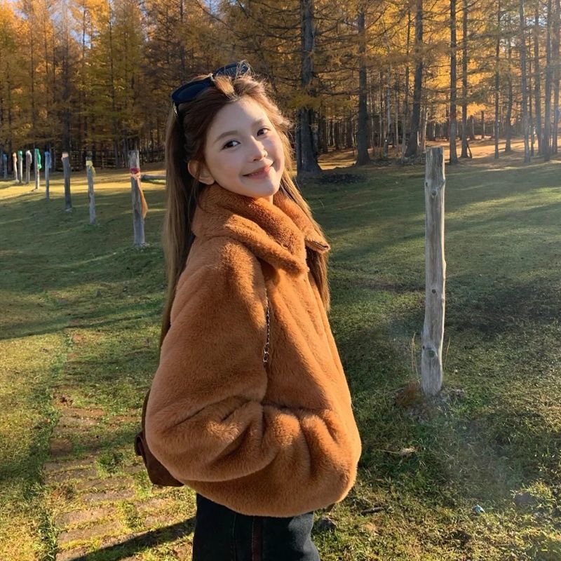 立領显高挑日系毛絨短版外套｜環保皮草加厚保暖小個子翻領外套 