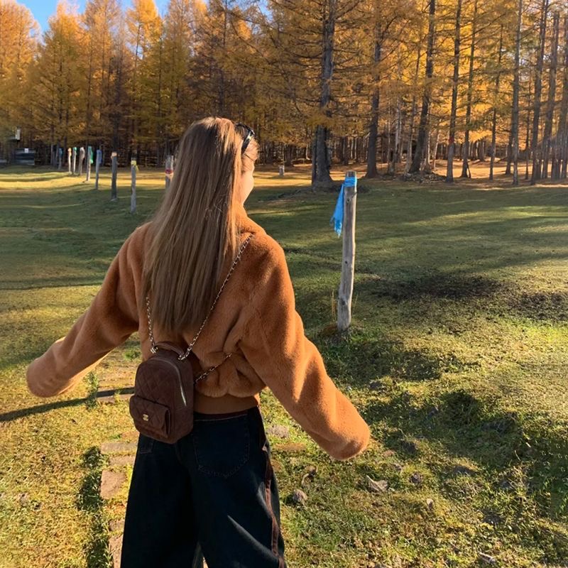 立領显高挑日系毛絨短版外套｜環保皮草加厚保暖小個子翻領外套 