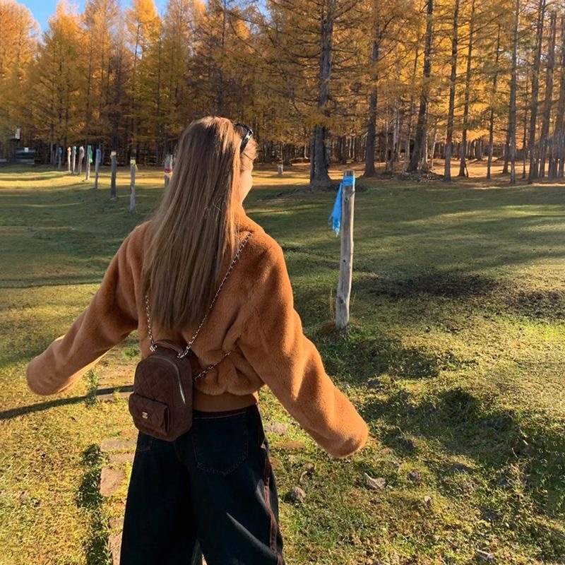 立領显高挑日系毛絨短版外套｜環保皮草加厚保暖小個子翻領外套 