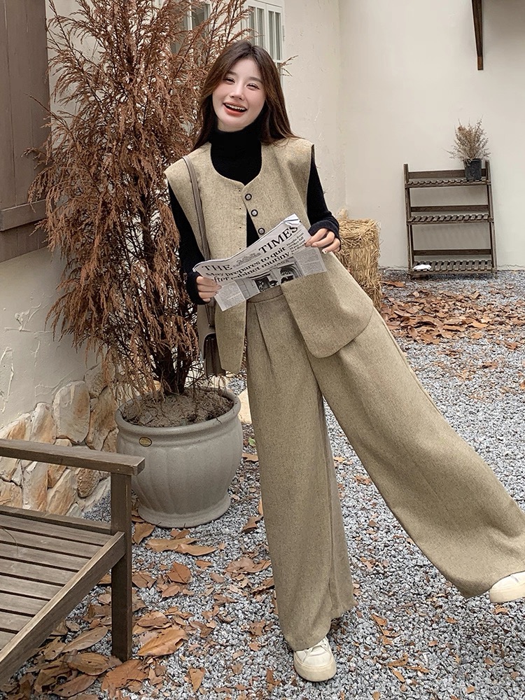 卡其色西裝馬甲闊腿褲套裝｜高級感簡約｜大尺碼微胖女｜寬鬆時尚套裝