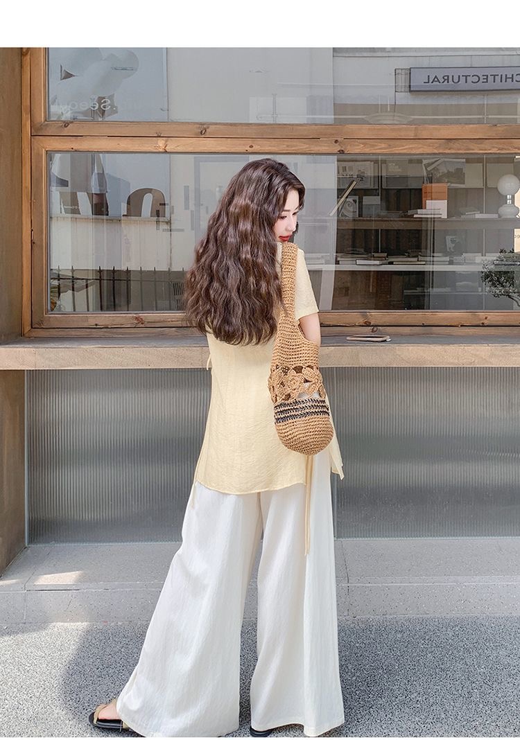 「春天感」新中式國風改良旗袍 | 淺藍色套裝女夏垂感闊腿褲復古 | 禪意文藝兩件套