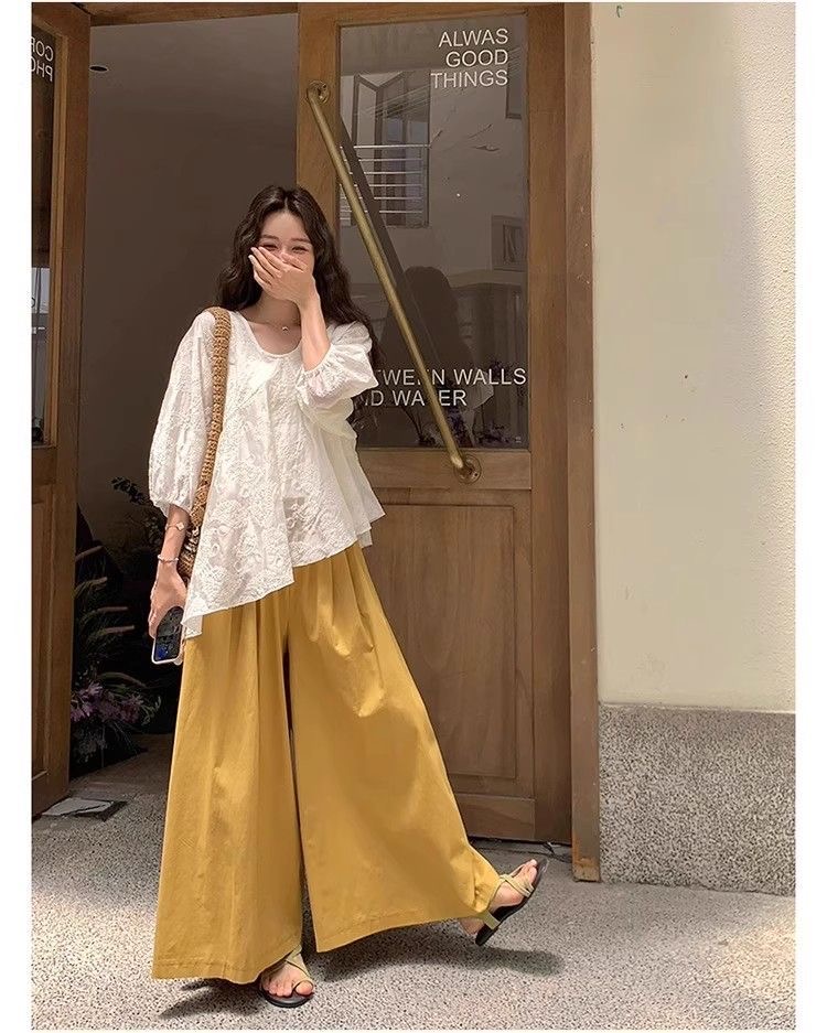 小隻女輕盈套組｜不規則刺繡襯衫上衣＋闊褲兩件式