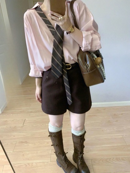 「帥帥風」粉色領帶西裝上衣｜時尚減齡襯衫｜質感通勤百搭上衣