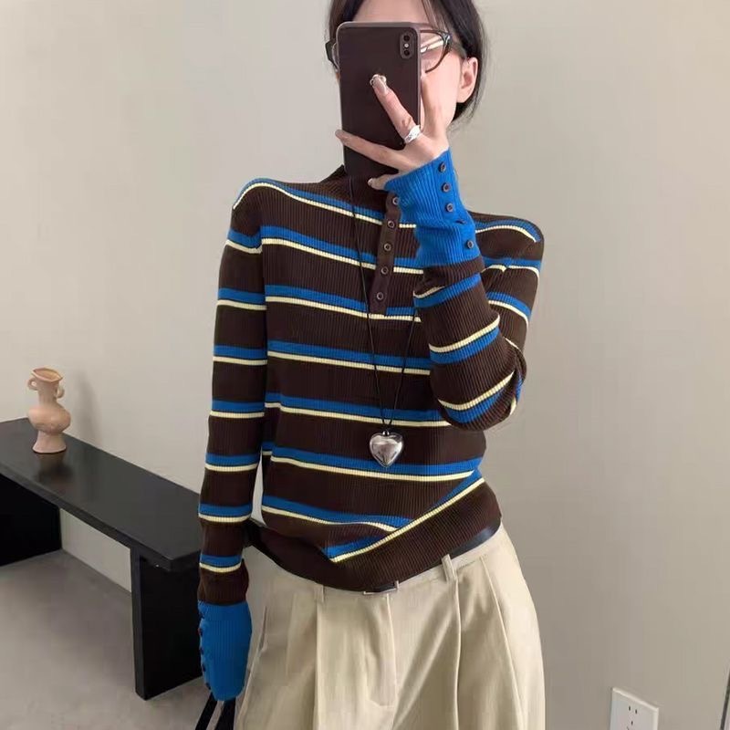 秋冬時尚撞色條紋圓領長袖針織衫｜立領長袖修身內搭打底上衣