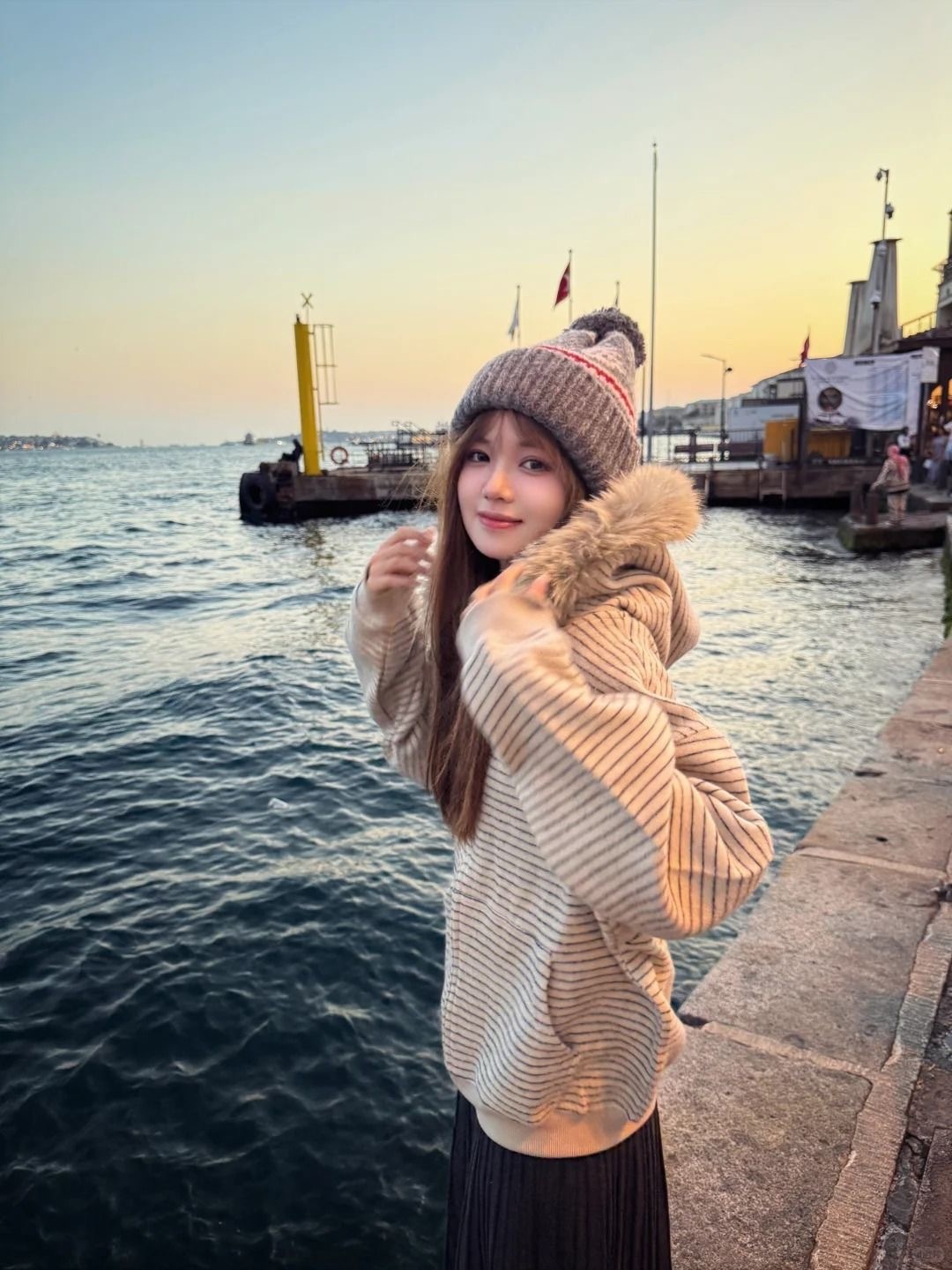 秋季新款寬鬆開衫外套 | 復古美式毛領條紋連帽拉鍊衛衣