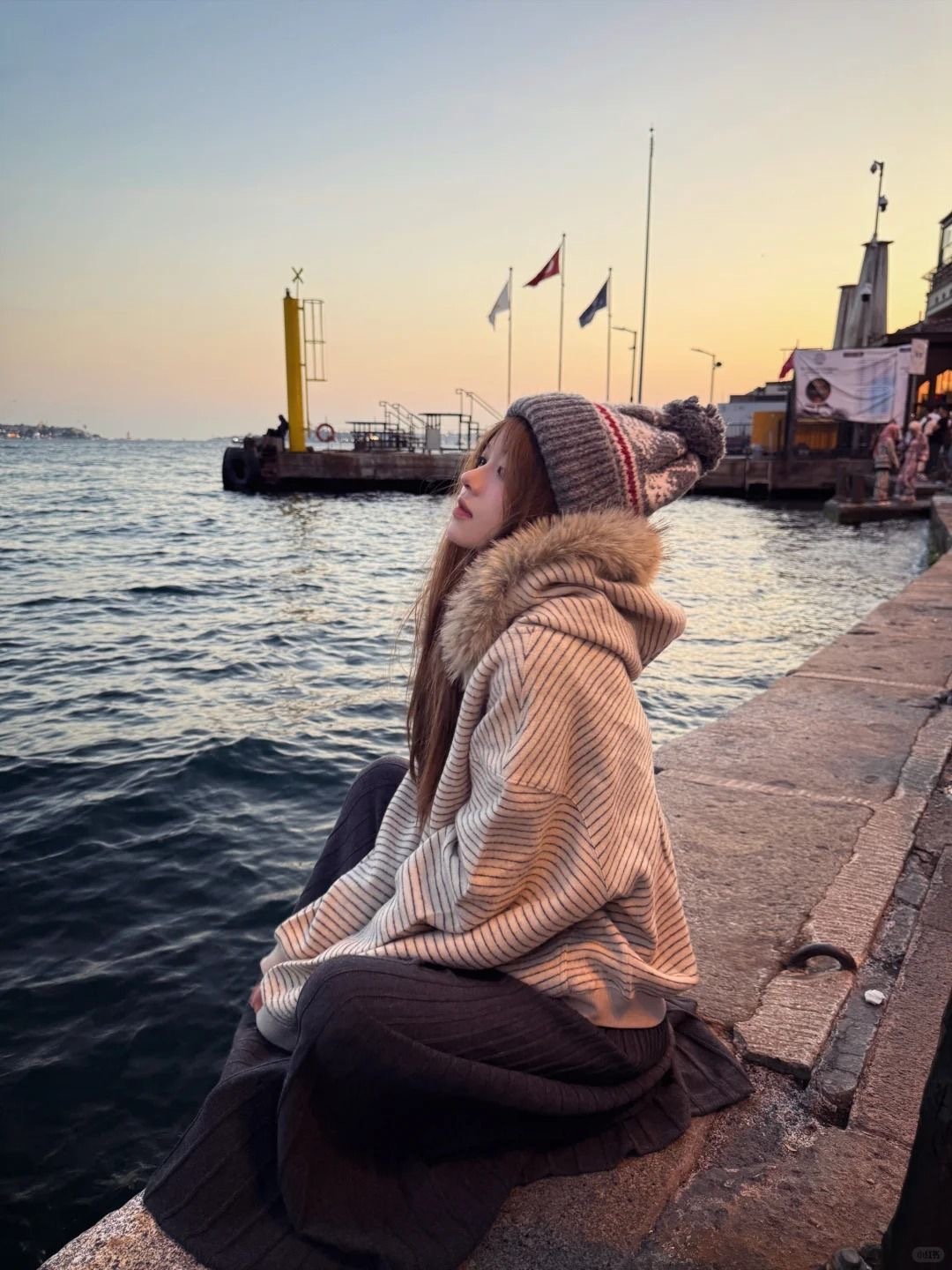 秋季新款寬鬆開衫外套 | 復古美式毛領條紋連帽拉鍊衛衣