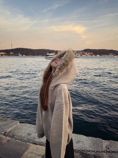 秋季新款寬鬆開衫外套 | 復古美式毛領條紋連帽拉鍊衛衣