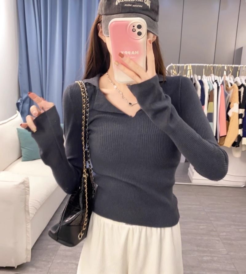 秋冬設計感針織打底衫 | 小眾 polo | 翻領修身顯瘦洋氣內搭毛衣