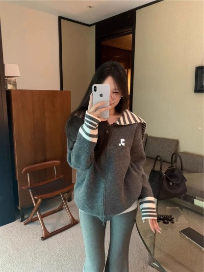 韓系撞色條紋針織開衫 | 女海軍領慵懶設計感小眾寬鬆外套